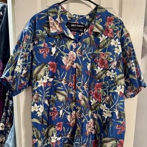 Hot Topic Men’s Unisex Blue Tropical Flower Cat Button Up Shirt Size 3XL
